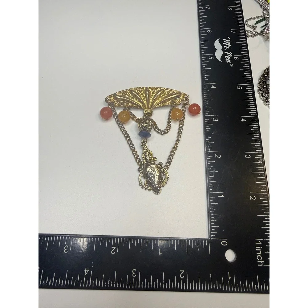 Gold Tone Fan Brooch with Dangle Chains Urn Pendant and Colorful Beads